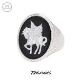 925 Sterling Silver Unicorn Cameo Onyx Ring Woman Black Onyx Earrings Pendant Round Shaped Fashion Vintage Jewelry Set