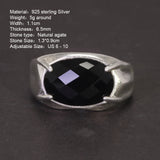 Real Pure 925 Silver Ring Women and Men Natural Stone Black Agate Oval Faceted US6-10 Adjustable Fine Jewelry