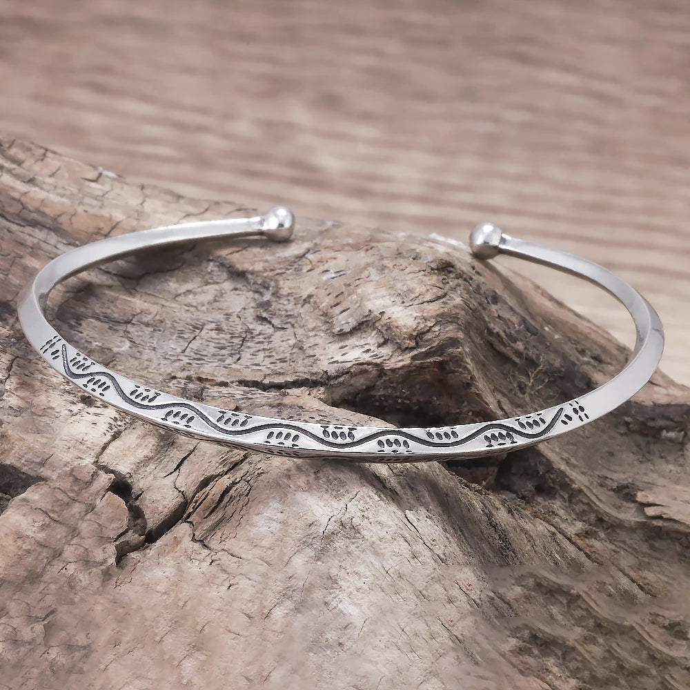 925 Sterling Silver Wave Thin Open Cuff Bracelet for Women Men