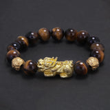 10mm 12mm Pixiu Charm Natural Stone Beads Bracelet for Men Black Onyx Tiger Eye Black Obsidian Vintage Fengshui Luck Jewelry