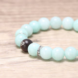 Natural Amazonite and Heart-shape Sandalwood Beads Bracelet with 925 Sterling Silver Accessories Jewelry for Men and Women