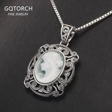 925 Sterling Silver Cameo Goddess Necklace for Women Green Agate Big Pendant White Shell Engraved Vintage Antiqued Jewelry