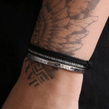 3pcs/set 925 Sterling Silver Hammered Cuff Bangle Black Braided Rope Stacked Bracelet Fashion Party Jewelry Boyfriend Gift
