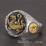 925 Sterling Silver Hammered Rings for Men 4 Mythical Creatures Animal Antique Adjustable China Traditional Jewellery