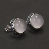 925 Sterling Silver 12mm Chalcedony Round Stud Earrings for Women Natural Stone Vintage Female Jewelry Gift Clearance Sale