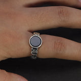 Genuine 925 Sterling Silver Chain Rings With Black Agate Inlaid Adjustable Size Natural Stone Ring Fine Jewelry