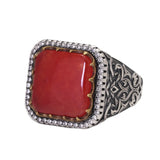 Natural Red Green Jade Ring 925 Silver for Men and Women Antique Flower Pattern Square Shape Signet Fine Jewelry