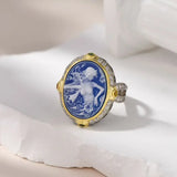 925 Sterling Silver Blue Agate Goddess Cameo Ring for Women Statement Rings White Shell Two Tone Trending Jewelry Accessories