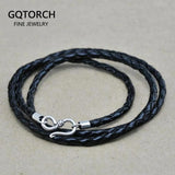 3mm Handmade Braided Necklace Genuine Leather Black Rope Twisted 4 Strands Cord With Vintage 925 Sterling Silver Fish Hook Clasp - GQTORCH Jewelry