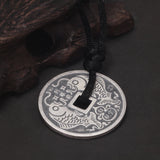 999 Pure Silver Antiqued Lucky Talisman Coin Pendant Necklace Bring Wealth Fish Engrave Double Sided Black Rope Fengshui Jewelry