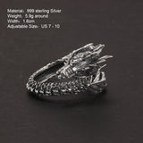 Real Solid 999 Silver Dragon Rings Vintage Men's Adjustable Thai Silver Ring Domineering Men's Fine Jewelry