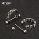 925 Sterling Silver Jewelry Simple Braid C-shaped Retro Punk Personality Earrings for Men and Women