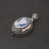 925 Sterling Silver Cameo Locket Pendant Necklace Blue Agate White Shell Openable Pendant Vintage Jewelry