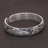 999 Pure Silver Buddhist Fish Lotus Bracelet Heart Sutra Engraved Open Cuff Bangle Vintage Adjustable Handmade Spiritual Jewelry - GQTORCH Jewelry