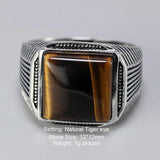 Authentic Sterling Silver 925 Man Ring With Tiger Eyes Fine Jewelry Stripe Pattern Natural Stone Cool Retro Punk Ringen - GQTORCH Jewelry