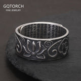 990 Pure Silver Lotus Ring Engraved Heart Sutra Amitabha Adjusted Antiqued Retro Buddhist Amulet Jewelry for Women Men