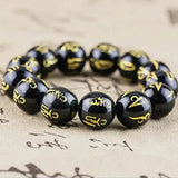 Natural Black Obsidian Onyx Stone Beaded Bracelets Carving Six Words Buddhist Prayer Tibetan Buddha Jewelry 12 14 16 mm - GQTORCH Jewelry