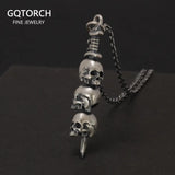 Real S925 Sterling Silver The Sword Pass Through Skulls Pendant for Men and Women Vintage Gothic Style Necklace Chain