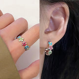 Real 925 Sterling Silver Colorful Enameling Flower Ring Earrings Party Jewelry Gift Engagement Open Jewelry Set