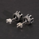 True 925 Pure Silver Crown Earrings Studs for Men and Women 6mm Round Black Zircon Simple Retro Jewelry Gift