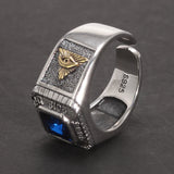 Men's Square Blue Zircon signet Ring 925 Sterling Silver with Vintage Bird God's Eye Punk Adjustable Jewelry