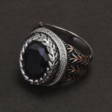 925 Sterling Silver Cut Black Onyx Signet Ring for Men Wheat Engraved Oval Shaped Vintage Turkish Rings Male Jewelry Gift