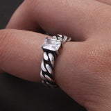 925 Sterling Silver Twisted Braided Ring with White Zircon Shining Square Shaped Thai Silver Color Retro Vintage Fashion Jewelry