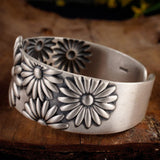 Real Pure 999 Sterling Silver Bangles for Women Large Chrysanthemum Embossed Opening Cuff Fine Jewelry