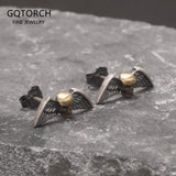 925 Sterling Silver Angel Wing Skull Stud Earrings Gothic Punk Rock Retro Tiny Earrings Trendy Men's Jewelry