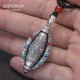 999 Pure Silver Six Words Mantra Pendant Necklace Natural Stone Rotating Prayer Wheel Om Mani Padme Hum Tibetan Buddhist Jewelry