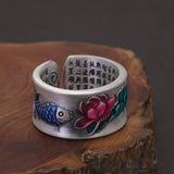 999 Pure Silver Lotus Fish Ring for Women and Men Heart Sutra Engraved Enameling Vintage Fashion Buddhist Jewelry