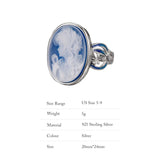 925 Sterling Silver Blue Agate Goddess Cameo Ring for Women White Shell Oval Shaped Fashion Statement Ring Vintage Jewelry