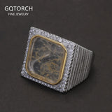 925 Sterling Silver Natural Gemstone Square Signet Ring with Citrine Jade Micro Pave Zircon Luxury Turkish Ring for Men Women