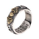 Vintage Pure Silver S925 Six Words Heart Sutra Ring Men's Adjustable Golden Pixiu Vajra Buddhist Religious Fine Jewelry