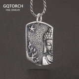 Real Pure 999 Sterling Silver Retro Buddha Head Tag Pendant Necklace for Men and Women Six Words Mantra Buddhist Jewelry