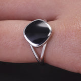 925 Sterling Silver Geometric Black Mirror Ring for Women Enameling Simple Fashion Jewelry Gift for Her