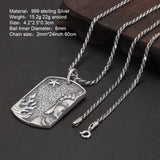 Real Pure 999 Sterling Silver Retro Buddha Head Tag Pendant Necklace for Men and Women Six Words Mantra Buddhist Jewelry