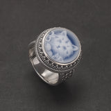 925 Sterling Silver Cat Cameo Ring for Women Round Blue Agate White Shell Vintage Fashion Statement Ring Birthday Party Gift