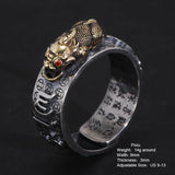 Vintage Pure Silver S925 Six Words Heart Sutra Ring Men's Adjustable Golden Pixiu Vajra Buddhist Religious Fine Jewelry