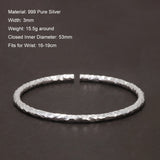 Solid 999 Pure Silver Hammered Cuff Bangle for Women Minimalist Retro Design Birthday Party Jewelry for Lady