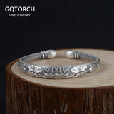 Tibetan Six Words Mantra Vintage Silver Bangles for Women Openable Fish Lotus Buddhist Jewelry Pure Silver S990 Retro Bracelet.