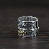 Pure SilverS990 Vintage Heart Sutra Scripture Ring for Women Opening Adjustable Pixiu Silver Hand Jewelry