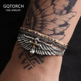 3pcs/set 925 Sterling Silver Feather Angle Wing Bangle Beads Rope Braided Bracelet Vintage Stackable Punk Rock Biker Jewelry