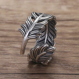 925 Sterling Silver Feather Open Finger Ring for Women Men Adjustable Minimalist Retro Leaf Shaped Fashion Jewelry