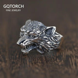 S925 Sterling Silver Vintage Thai Silver Open Ring for Men Wolf Head Open Silver Ring Punk Style Male Jewelry - GQTORCH Jewelry
