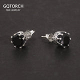 True 925 Pure Silver Crown Earrings Studs for Men and Women 6mm Round Black Zircon Simple Retro Jewelry Gift