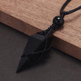 Natural Stone Geometric Pendant Necklace for Men Black Obsidian Blue Sandstone Adjusted Leather Rope Retro Vintage Jewelry