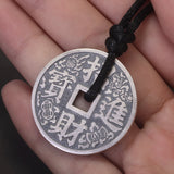 999 Pure Silver Antiqued Lucky Talisman Coin Pendant Necklace Bring Wealth Fish Engrave Double Sided Black Rope Fengshui Jewelry