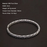 Solid 999 Silver Twisted Woven Bangle Bracelet Men Women Handmade Braided Open Cuff Wristband Vintage Fashion Design Jewelry