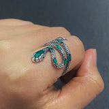 S925 Sterling Silver Snake Rings For Women with Green Zircon Stone Antique Punk Adjustable Animal Jewelry